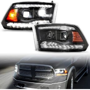 Full LED Projector Headlights Set for 2009-2018 Dodge Ram 1500, Sequential Turn Signal Dual Projector Headlights With Switchback Dual LED Bar for 09-18 Ram 1500/10-18 Ram 2500/3500 (2PCS)