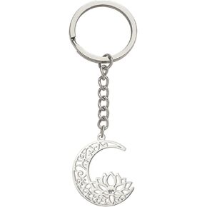 kkjoy Lotus in Moon Keychain Stainless Steel Lotus Flower Yoga Pendant Keyring Purse Bag Accessories for Women Charming Lady
