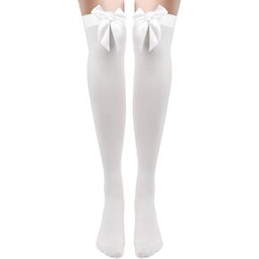 Satin Bow Knee High Stockings for Women Girls, Opaque Over Knee Long Sock, Thigh High Socks with Bows