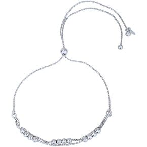 Vanbelle Sterling Silver Jewelry - Rhodium Plated with 925 Stamp - Double Layered Beaded Chain Adjustable Bracelet - Elegant Handcrafted for Women