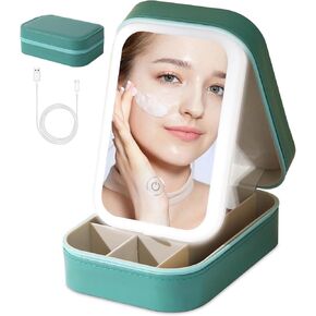 Travel Portable LED Makeup Mirror Case with 3 Adjustable Color Light Settings, Dust-Proof Jewelry Case, Cosmetic Organizer and Multi-Compartment Storage Box for Women (Green)