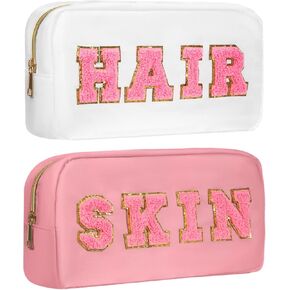 2Pcs Preppy Makeup Bags Set, Varsity Chenille Letter Cosmetic Bag with Skin/Hair Patch, Portable Waterproof Nylon Zipper Toiletry Bag Travel Organizer Gifts for Women and Teen Girls