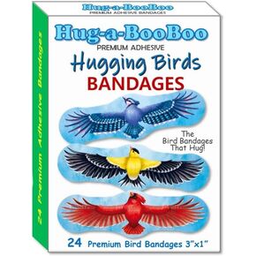 Hugging Birds - Premium Adhesive Bird Bandages from Hug-a-BooBoo, The Bird Bandages That Hug! Pretty Colorful Birds - American Goldfinch, Blue Jay, Red Cardinal, Indian Parrot 24 Ct Box
