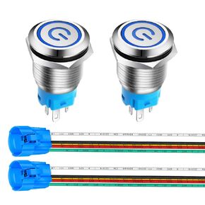 2pcs Latching Blue LED Waterproof Push Button 110-230VAC/15Amp 16mm Stainless Steel Push Button Switch Waterproof with Connector Wire