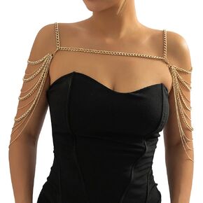 Summer Beach Punk Shoulder Body Chain Multi-Layered Back Chain Bikini Metal Tassel Arm Chain Statement Bridal Wedding Backdrop Necklace Body Chain Jewelry for Women