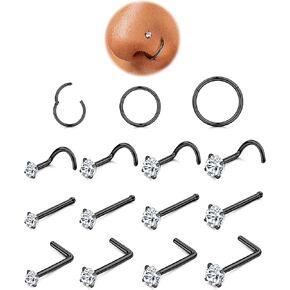 ORAZIO 18G 20G Nose Rings Studs Surgical Steel Gold/Silver Nose Rings for Women Men Hypoallergenic CZ L Shaped/Corkscrew/Straight Nose Studs Hinged Clicker Nose Rings Hoops Tiny Lip Stud Septunm Conch Ring Cartilage Earrings Body Piercing Jewelry