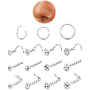 ORAZIO 18G 20G Nose Rings Studs Surgical Steel Gold/Silver Nose Rings for Women Men Hypoallergenic CZ L Shaped/Corkscrew/Straight Nose Studs Hinged Clicker Nose Rings Hoops Tiny Lip Stud Septunm Conch Ring Cartilage Earrings Body Piercing Jewelry in Kuwait