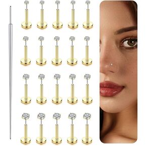 FUNRUN JEWELRY 14K Gold Nose Studs For Women 316L Surgical Steel Threadless Nose Ring Lip Studs Push In Flat Back Stud Earrings Cz Nose Nostril Tragus Helix Body Piercing Jewelry Silver Gold 20G 18G