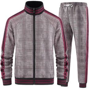 Men Tracksuits Full-zip Long Sleeve Plaid Track Jackets and Pants 2 Piece