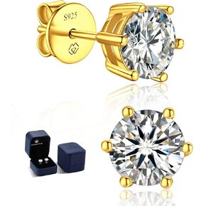 MomentWish 14K Gold Plated Stud Earrings, Birthday Gifts for Women, 1-2Carat Moissanite Earrings, Lab Created Diamond Earrings, Yellow/Rose Gold Plated 925 Sterling Silver Earrings Women Men