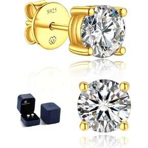 MomentWish 14K Gold Plated Stud Earrings, Birthday Gifts for Women, 1-2Carat Moissanite Earrings, Lab Created Diamond Earrings, Yellow/Rose Gold Plated 925 Sterling Silver Earrings Women Men