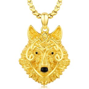 Wolf Head Necklace for Men 925 Sterling Silver Gold Wolfish Pendant Fenrir Necklace Norse Pagan Punk Jewelry for Men Celtic Wolf Gifts