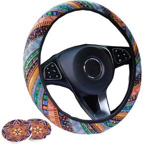 3 Pack Boho Steering Wheel Cover with Car Cup Holder Coasters Universal Baja Hippie Bohemian Style Steering Wheel Covers Cute Car Steering Wheel Cover for Women Girl 15 Inch (Yellow)