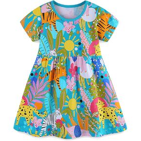 Girl Casual Cartoon Dress Kids Short Sleeve Cotton Basic Dresses, 4T, 00 Colour Rainforest