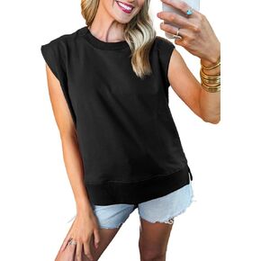 SHEWIN Womens Tops Casual Cap Short Sleeve Shirts Split High Low Loose Crewneck Sweatshirt