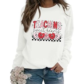 Bobeutou Valentines Day Sweatshirt Women Love Heart Graphic Teacher Valentine's Day Long Sleeve Shirt Casual Pullover Tops