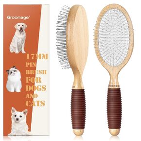 Dog Brush, Pin Brush for Dogs, 27mm Extra Long Pin Brush, Dog Grooming Brush for Shedding, Dog Brush for Long Haired Dogs - Ash Wood Material, Non-Slip Rubber Handle, Round-Tipped Pins