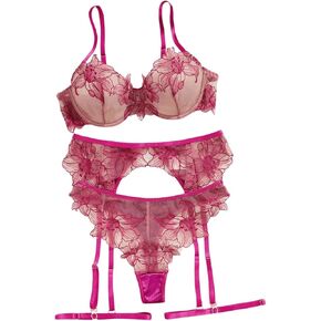 WDIRARA Women's 3 Piece Floral Embroidered Mesh Sheer Lingerie Set with Thongs and Garter Belt