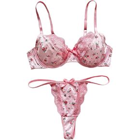 WDIRARA Women's Floral Print Lace Trim Bow Front Underwire Lingerie Set Bra and Panty Set