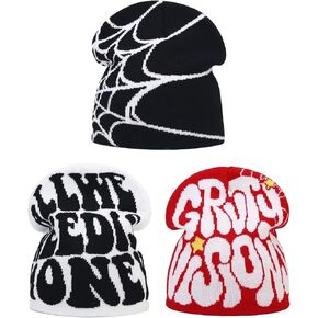 3 Pieces Y2K Beanie Spider Web Beanie Gothic Graphic Beanies Outdoor Winter Warm Knitted Hat for Men Women