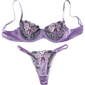 Floerns Women's 2 Piece Lingerie Set Butterfly Mesh Sheer Bra Underwear Thong Nightwear Sets