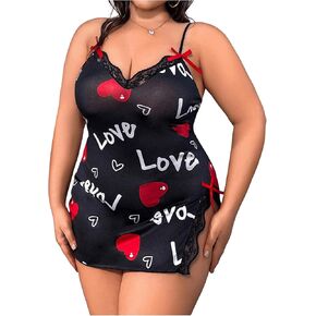 WDIRARA Women's Plus Size Nightgown Letter Heart Cami Nightdress Bow Lace Trim Split Slip Dress