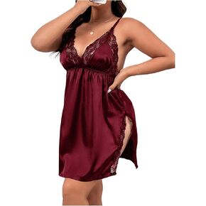 WDIRARA Women's Plus Size Lace Splice Slit Hem Satin Nightgowns Backless Cami Sleepdress