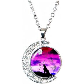 DEQIYIJI Wolf Gifts For Women Moon Pendant Necklace Jewelry Cute Aesthetic Animal Stuff