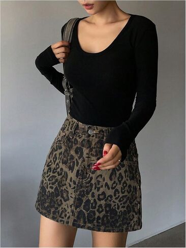 Milumia Women's Denim Leopard Print Mini Skirt A Line Short Skirt with Pockets in Saudi Arabia