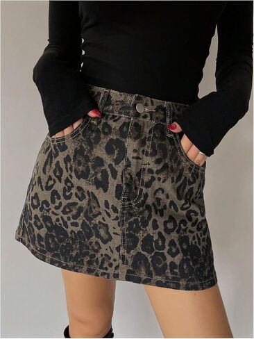 Milumia Women's Denim Leopard Print Mini Skirt A Line Short Skirt with Pockets in Saudi Arabia