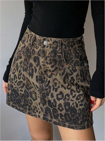 Milumia Women's Denim Leopard Print Mini Skirt A Line Short Skirt with Pockets in Saudi Arabia