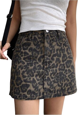 Milumia Women's Denim Leopard Print Mini Skirt A Line Short Skirt with Pockets in Saudi Arabia