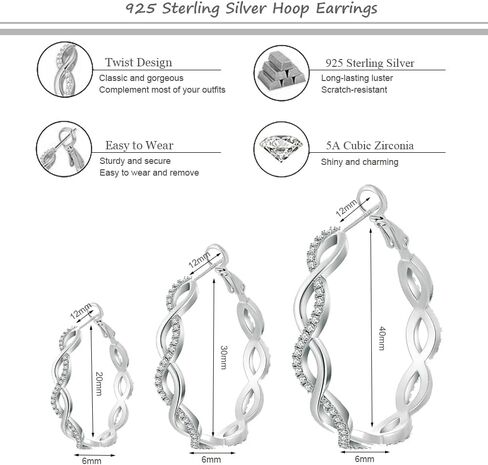 TOPBRIGHT 3 Pairs 925 Sterling Silver Earrings Hoops for Women Lightweight Huggie Earrings Twisted Hoop Earrings Cubic Zirconia Hypoallergenic Hoop Earrings for Women 20mm 30mm 40mm in Saudi Arabia