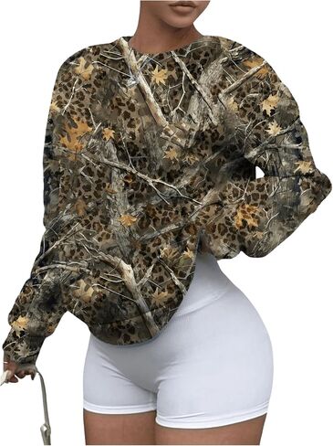 Milumia Women's Camo Leopard Print Pullovers Crew Neck Drop Shoulder Sweatshirts in Saudi Arabia