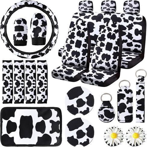 Frienda 22 Pieces Car Cow Print Seat Covers Accessories Set Steering Wheel Cover Headrest Seat Belt Cover Console Armrest Pad Handbrake Cover Gear Cover Key Ring Vent in Saudi Arabia