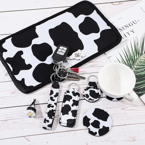 Frienda 22 Pieces Car Cow Print Seat Covers Accessories Set Steering Wheel Cover Headrest Seat Belt Cover Console Armrest Pad Handbrake Cover Gear Cover Key Ring Vent in Saudi Arabia