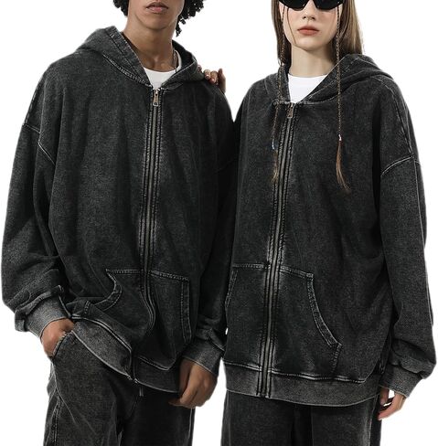 BINTEHGS Basic Oversized Vintage Zip Up Hoodie for Women Baggy Acid Wash Jacket Y2k Retro Grunge Zipper Sweatshirts Loose Fit in Kuwait