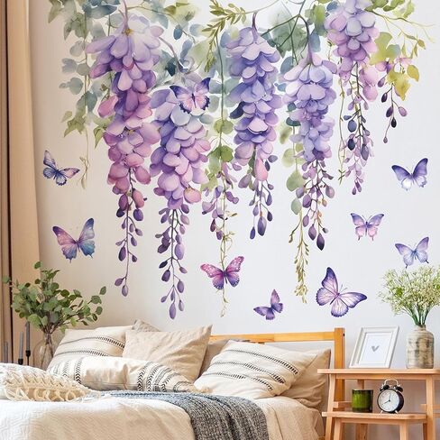 2 Sheets Hanging Creative Removable DIY Purple Flower and Green Vines Wall Decal Watercolor Butterflies Wall Decal Vinyl Wall Decal Decor for Girls Bedroom Living Room Wall Corner Decor(C) in Kuwait