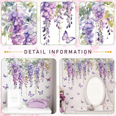 2 Sheets Hanging Creative Removable DIY Purple Flower and Green Vines Wall Decal Watercolor Butterflies Wall Decal Vinyl Wall Decal Decor for Girls Bedroom Living Room Wall Corner Decor(C) in Kuwait