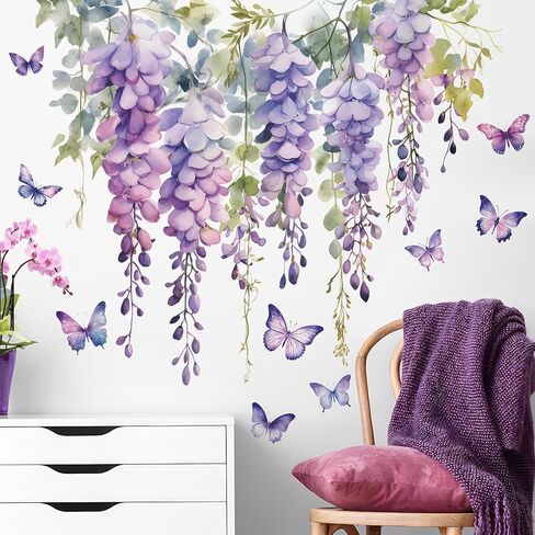 2 Sheets Hanging Creative Removable DIY Purple Flower and Green Vines Wall Decal Watercolor Butterflies Wall Decal Vinyl Wall Decal Decor for Girls Bedroom Living Room Wall Corner Decor(C) in Kuwait