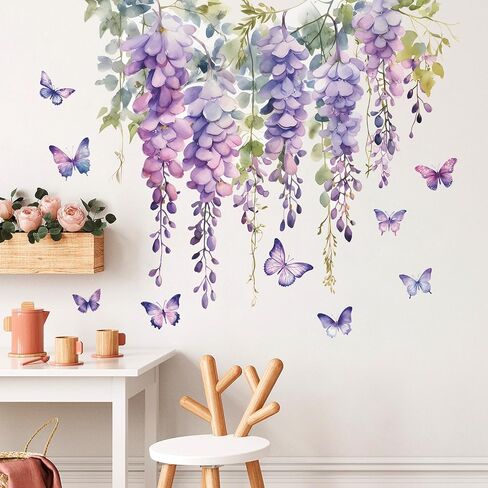 2 Sheets Hanging Creative Removable DIY Purple Flower and Green Vines Wall Decal Watercolor Butterflies Wall Decal Vinyl Wall Decal Decor for Girls Bedroom Living Room Wall Corner Decor(C) in Kuwait