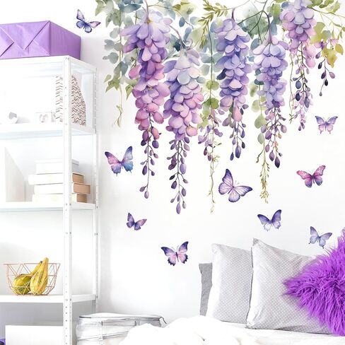 2 Sheets Hanging Creative Removable DIY Purple Flower and Green Vines Wall Decal Watercolor Butterflies Wall Decal Vinyl Wall Decal Decor for Girls Bedroom Living Room Wall Corner Decor(C) in Kuwait