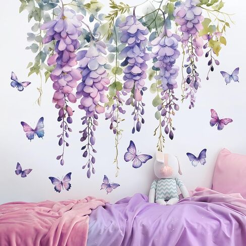 2 Sheets Hanging Creative Removable DIY Purple Flower and Green Vines Wall Decal Watercolor Butterflies Wall Decal Vinyl Wall Decal Decor for Girls Bedroom Living Room Wall Corner Decor(C) in Kuwait