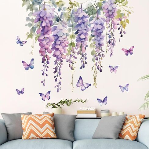 2 Sheets Hanging Creative Removable DIY Purple Flower and Green Vines Wall Decal Watercolor Butterflies Wall Decal Vinyl Wall Decal Decor for Girls Bedroom Living Room Wall Corner Decor(C) in Kuwait