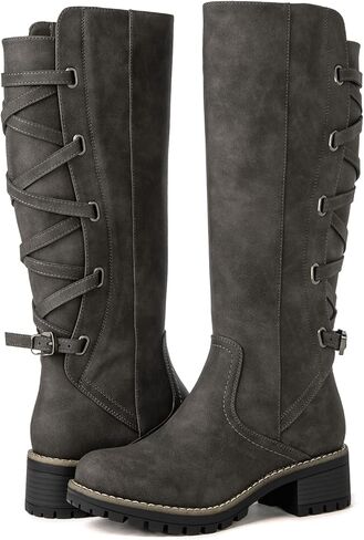 GLOBALWIN Women's Strappy Motorcycle Knee High Boots Riding Boots Back Lace Up Fall Winter Fashion Knee High Boots For Women in Kuwait