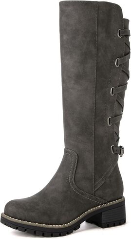 GLOBALWIN Women's Strappy Motorcycle Knee High Boots Riding Boots Back Lace Up Fall Winter Fashion Knee High Boots For Women in Kuwait