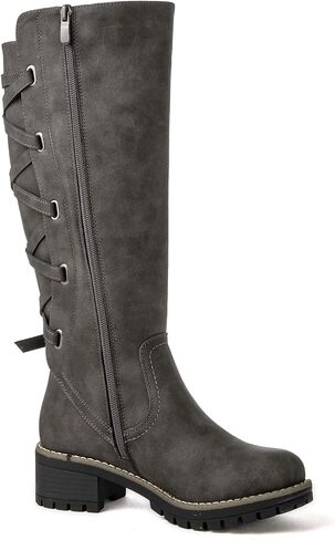 GLOBALWIN Women's Strappy Motorcycle Knee High Boots Riding Boots Back Lace Up Fall Winter Fashion Knee High Boots For Women in Kuwait