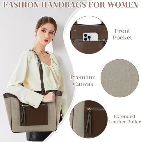 VASCHY Tote Bag Purse for Women, Fashion Canvas Vegan Leather Patchwork Satchel Shoulder Bag Handbag for Work in Saudi Arabia