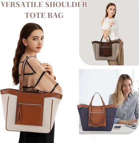 VASCHY Tote Bag Purse for Women, Fashion Canvas Vegan Leather Patchwork Satchel Shoulder Bag Handbag for Work in Saudi Arabia