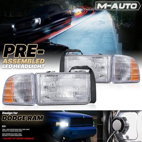 M-AUTO Headlights Headlamps Assembly with 2 Pre-assembled 6000K LED Bulbs Compatible with 1994-2001 Dodge Ram 1500 Pickup, 1994-2002 Ram 2500/3500, Chrome Housing Amber Corner Head Lamps in Saudi Arabia